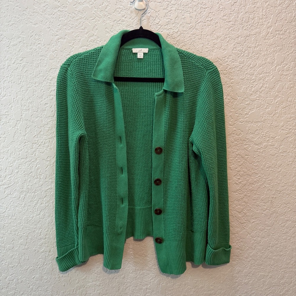 J. Jill Button Front Waffle Knit Cardigan Sweater SP Green Preppy Classic